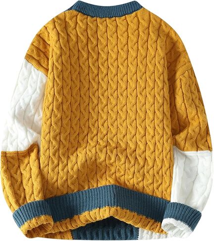 GURUNVANI Mens Patchwork Sweater Colorblock Knit Jumper Vintage Cable Knitted Pullover Sweater in Saudi Arabia