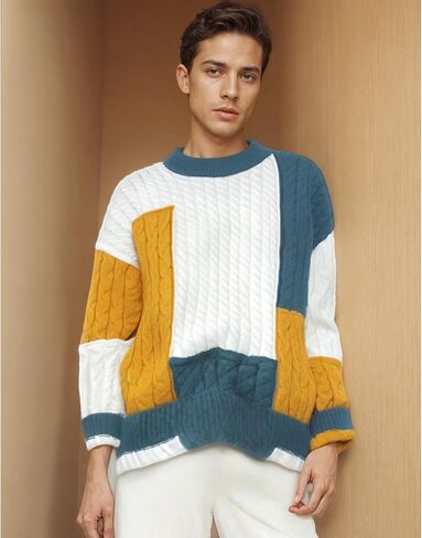 GURUNVANI Mens Patchwork Sweater Colorblock Knit Jumper Vintage Cable Knitted Pullover Sweater in Saudi Arabia