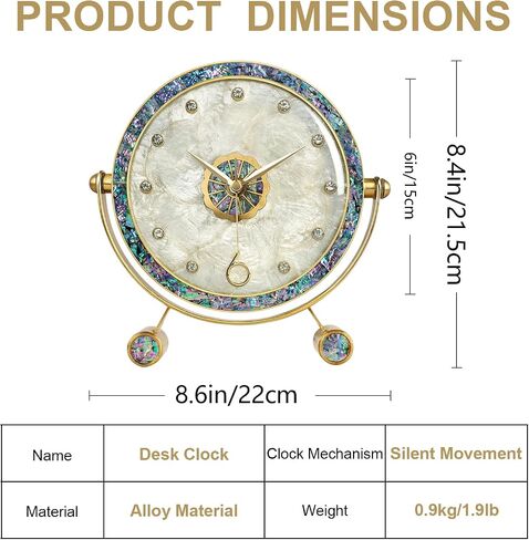 Natural Shell Desk Clock,Vintage Mantel Clock Silent Table Rotatable Clock Battery Operated Decorative Clock for Living Room Bedroom Office Fireplace Home Decor in Saudi Arabia