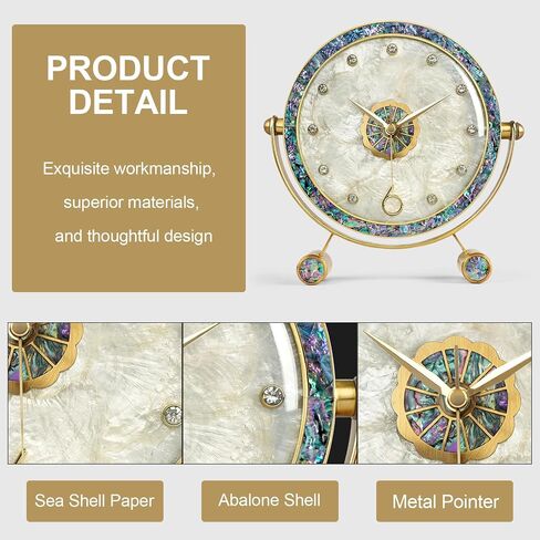Natural Shell Desk Clock,Vintage Mantel Clock Silent Table Rotatable Clock Battery Operated Decorative Clock for Living Room Bedroom Office Fireplace Home Decor in Saudi Arabia