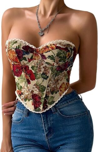 Women's Vintage Floral Strapless Corset Top Lace Trim Lace-up Sweetheart Bustier Crop Tube Tops in Saudi Arabia