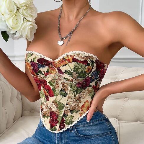Women's Vintage Floral Strapless Corset Top Lace Trim Lace-up Sweetheart Bustier Crop Tube Tops in Saudi Arabia
