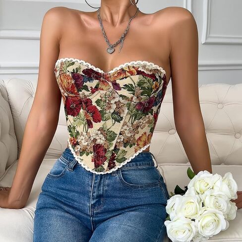 Women's Vintage Floral Strapless Corset Top Lace Trim Lace-up Sweetheart Bustier Crop Tube Tops in Saudi Arabia