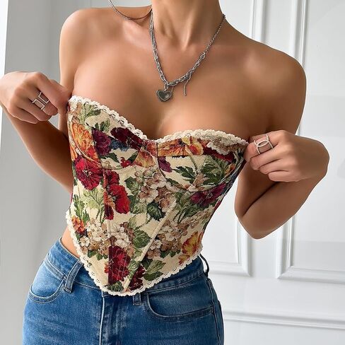Women's Vintage Floral Strapless Corset Top Lace Trim Lace-up Sweetheart Bustier Crop Tube Tops in Saudi Arabia