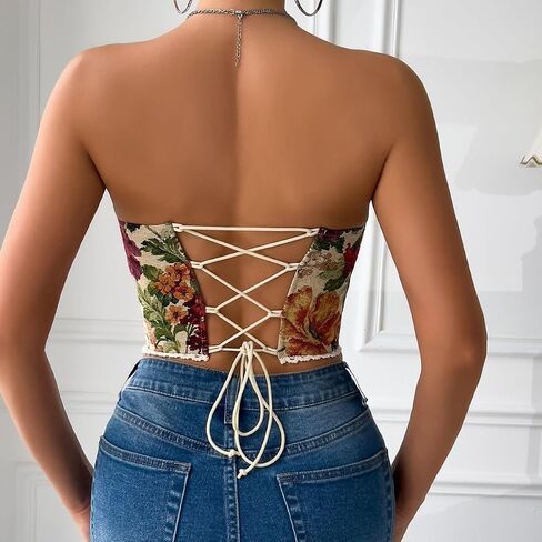 Women's Vintage Floral Strapless Corset Top Lace Trim Lace-up Sweetheart Bustier Crop Tube Tops in Saudi Arabia