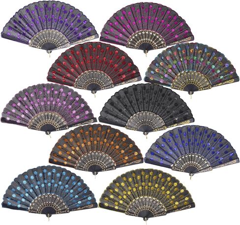 QIRMIZI 10 Pack Fabric Folding Handheld Fans, Perfect for Weddings, Parties, and Dancing,Black in Kuwait