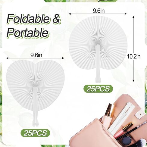 50 Pack White Folding Fans- Round and Heart Shaped Handheld Folding Accordion Paper Fans Assortment with Plastic Handle for Wedding Birthday Celebration Party Favors Bag Filler in Kuwait