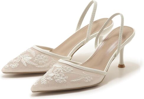 Embroidered Mesh Slingback Heels for Women White Pearl Kitten Heel Pumps Pointed Toe Backless Wedding Shoes in Saudi Arabia