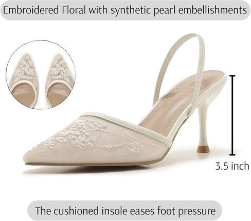 Embroidered Mesh Slingback Heels for Women White Pearl Kitten Heel Pumps Pointed Toe Backless Wedding Shoes in Saudi Arabia
