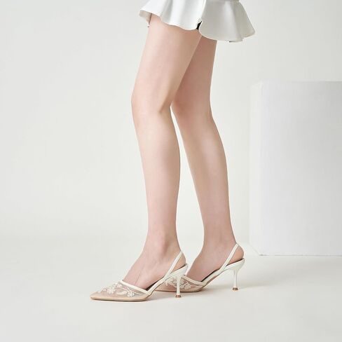 Embroidered Mesh Slingback Heels for Women White Pearl Kitten Heel Pumps Pointed Toe Backless Wedding Shoes in Saudi Arabia