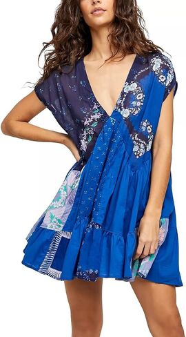 Women’s Boho Mini Dress Y2k Floral Print Deep V-Neck Puff Sleeve Short Dress 2025 Summer Loose Beach Sundress in Saudi Arabia