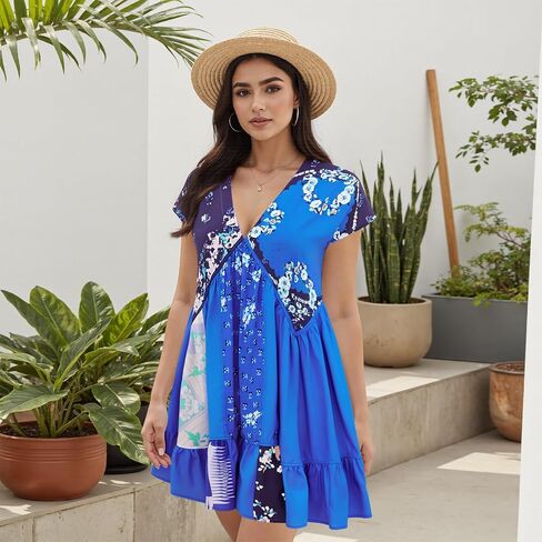 Women’s Boho Mini Dress Y2k Floral Print Deep V-Neck Puff Sleeve Short Dress 2025 Summer Loose Beach Sundress in Saudi Arabia