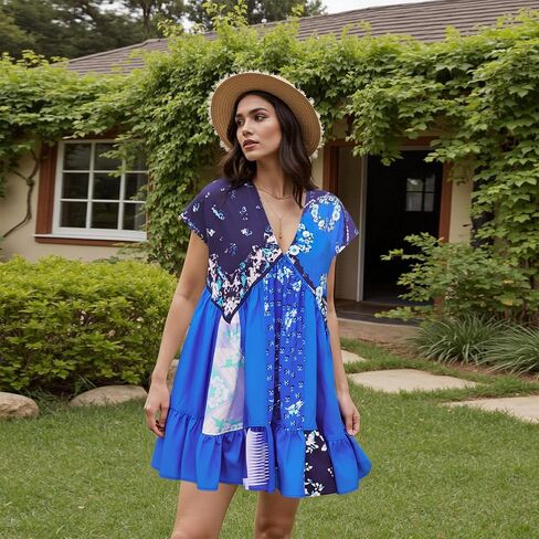 Women’s Boho Mini Dress Y2k Floral Print Deep V-Neck Puff Sleeve Short Dress 2025 Summer Loose Beach Sundress in Saudi Arabia