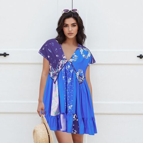 Women’s Boho Mini Dress Y2k Floral Print Deep V-Neck Puff Sleeve Short Dress 2025 Summer Loose Beach Sundress in Saudi Arabia