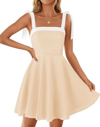 ZESICA Womens Summer Sleeveless Mini Dress Tie Shoulder Square Neck High Waist Swing A Line Short Sundresses in Kuwait