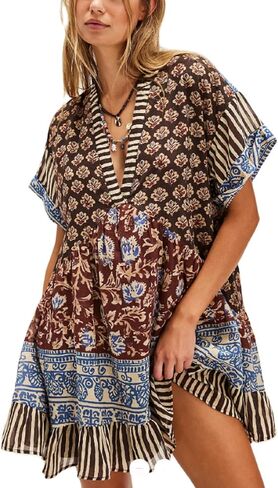 Women’s Boho Mini Dress Y2k Floral Print Deep V-Neck Puff Sleeve Short Dress 2025 Summer Loose Beach Sundress in Kuwait