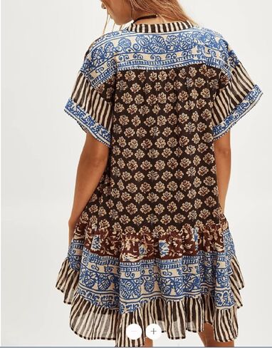 Women’s Boho Mini Dress Y2k Floral Print Deep V-Neck Puff Sleeve Short Dress 2025 Summer Loose Beach Sundress in Kuwait