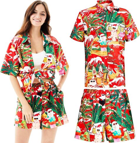 2 Pieces Women's Hawaiian Shirt Short Sleeves and Shorts Summer Christmas in July Santa Button Down Beach Dress Shirt in Saudi Arabia