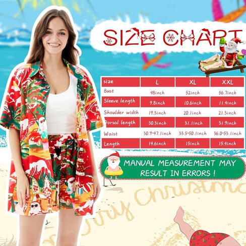 2 Pieces Women's Hawaiian Shirt Short Sleeves and Shorts Summer Christmas in July Santa Button Down Beach Dress Shirt in Saudi Arabia