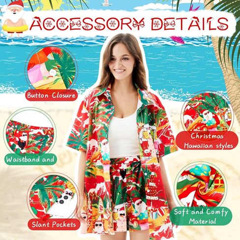 2 Pieces Women's Hawaiian Shirt Short Sleeves and Shorts Summer Christmas in July Santa Button Down Beach Dress Shirt in Saudi Arabia