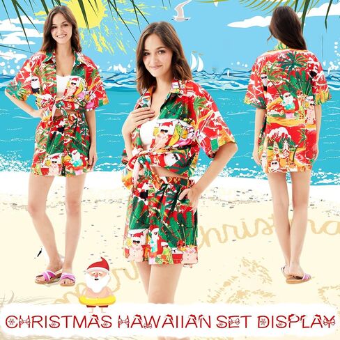 2 Pieces Women's Hawaiian Shirt Short Sleeves and Shorts Summer Christmas in July Santa Button Down Beach Dress Shirt in Saudi Arabia