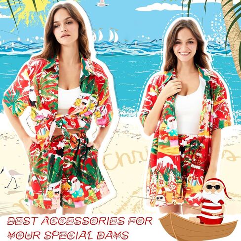 2 Pieces Women's Hawaiian Shirt Short Sleeves and Shorts Summer Christmas in July Santa Button Down Beach Dress Shirt in Saudi Arabia