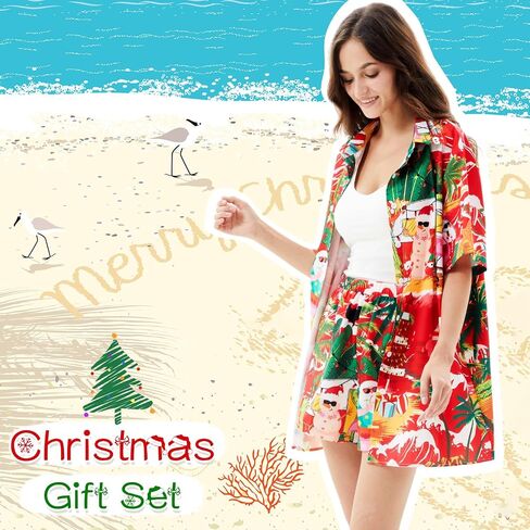 2 Pieces Women's Hawaiian Shirt Short Sleeves and Shorts Summer Christmas in July Santa Button Down Beach Dress Shirt in Saudi Arabia