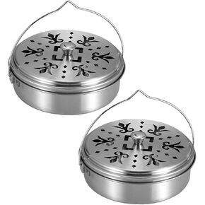 BO SHER 2 Portable Mosquito Coil Holder, Mosquito Incense Box Sandalwood Holder with ​Handle, Fireproof ​Incense Burner for Home Office Camping, Silver, 2t