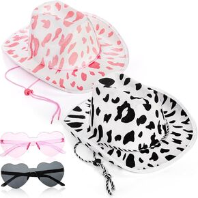 Set of 4 Cow Print Cowboy Hat, Pink Black Cowgirl Hat with Heart Sunglasses Adjustable Lanyard, Cow Pattern Rodeo Western Cowboy Hats for Cosplay, Festival Party, Dress up Costume