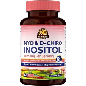 Vitalitown Inositol Supplement for Women, Myo-Inositol & D-Chiro Inositol, Ideal 40:1 Ratio, Hormone Balance & Healthy Ovarian Support for Women, Vitamin B8, Vegan, 60 Capsules, No Gluten