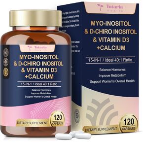 Myo-Inositol & D-Chiro Inositol for Women, 2050 mg inositol Supplement w/DIM, Ashwagandha, Folate, Vitamin D, Calcium, Ideal 40:1 Ratio, for Hormone Balance, Ovarian Function*, Overall Health, 120 Ct