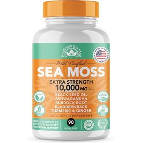 Irish Sea Moss 3,500mg, Black Seed Oil 2,000mg, Bladderwrack 1,000mg, Burdock Root | Wildcrafted Irish Seamoss | Immunity Supplement | Sea Moss with Burdock Root | 90 Count