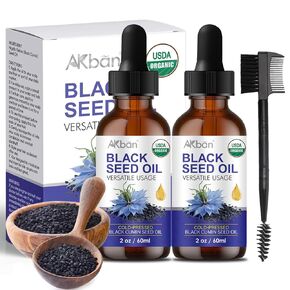 USDA Premium Black Seed Oil Organic Cold Pressed, 100% Pure Unrefined, Rich in TQ & Omega 3 6 9, Black Cumin Oil liquid for Skin Health Hair Care - Glass Bottle, 2 * 2 fl oz