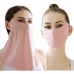 2Pcs UV Face Mask, Ice Silk Cooling Neck Gaiter + Sun Protection Face Mask, Lightweight Breathable Face Cover, Washable Reusable (Light Pink)