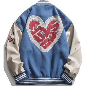 Vamtac Mens Varsity Baseball Jacket Letter Foaming Love Print Varsity Cotton Fur Coats Streetwear with Pocket