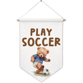 ArtisaEura Bear Nursery Wall Canvas Banners, Bear Nursery Decor, Play Soccer Hanging Display Pennant Banner Flags, Play Room Wall Decor for Kids Toddler Boys Room Bedroom Playroom