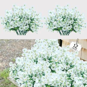 Artificial Plants Flowers for Outdoors,Faux Fake Morning Glory for Sping, Summer Decoratiion, UV Resistant Silk Flowers Look Real for Front Door, Window Box, Garden, Home Decor.(12 Bundles White)
