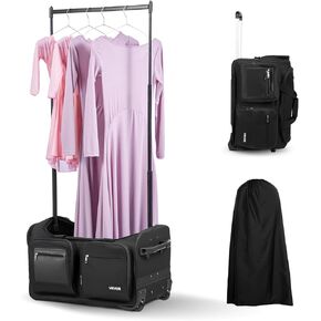 VEVOR Dance Bag with Garment Rack, 23 Inch Rolling Dance Duffel, with Wheels, USB Port, Height Adjustable Clothes Rack, Privacy Protection Curtain, Ideal for Travel and Competitions, Matte Black