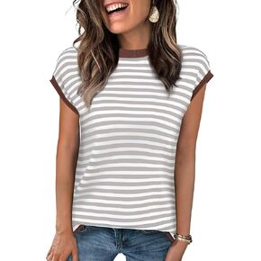 Cap Sleeve Tops for Women Summer Striped Short Sleeve Sweater Top Crew Neck Sleeveless Vest Spring Going Out Shirts