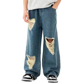 LittleSpring Unisex Boys Girls Ripped Jeans Wide Leg Denim Pants Loose Fit 6-18 Years