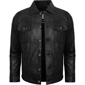 Trucker Style Casual Vintage Leather Jacket Men - Classic Button Down Real Lambskin Jackets For Mens With Pockets