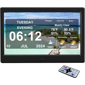 Digital Alarm Clock with Date and Time for Elderly Digital Calendar Clock Photo Frame- Auto Dimmable Display 15 Alarm Options (10.1 inch/Black)