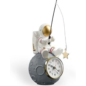 Astronaut Figure Clock for Desktop & Shelf, Battery Operated, Astronaut & Planet Figurine Statue for Office & Kids' Outer Space Themed Bedroom Decor, Decorative Small Table Clock, Fishing Star