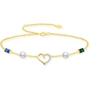 SISGEM 10k Gold Colorful Heart Ankle Bracelet for Women, Freshweter Cultured Pearl and Cubic Zirconia Love Jewelry Anklet Gifts for Her, 9.4"-11"