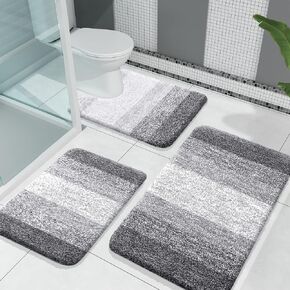 OLANLY Bathroom Rugs Sets 3 Piece, Soft Absorbent Microfiber Bath Mats and U-Shaped Contour Toilet Rug, Plush Shaggy Bath Mat Set for Bathroom (30"x20"+24"x16"+24"x20", Grey)