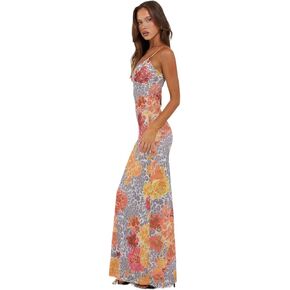 Women Spaghetti Strap Satin Dresses Backless Hollow Casual Boho V Neck Dress Flowy Dress