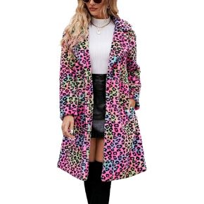 Chouyatou Women's Open Front Leopard Print Faux Fur Fur Long Trench Coat Fabel Twher