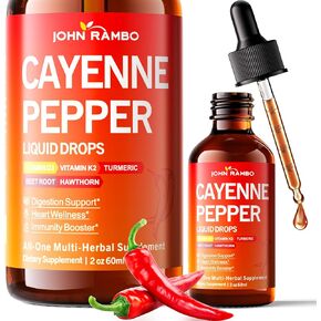 Organic Cayenne Pepper Liquid Drops with Hawthorn Berry, Beetroot & Turmeric – Immune & Circulation Support, Vitamin K2 D3 Supplement for Vascular Health, Gluten Free, 2 Fl Oz