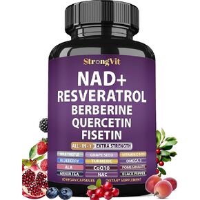 NAD+ Supplement with Resveratrol, Berberine, Quercetin, Fisetin, CoQ10. Anti-Aging Formula for Women & Men. Nicotinamide Riboside NR, Liposomal NAD Plus, NAD Booster, Pure Organic Vitamin, USA