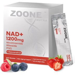 Zoone 1200mg مزيج تآزري مع الريبوسيد النيكوتيناميد ، PQQ & Resveratrol - مكملات مضادة للشيخوخة المتميزة للطاقة الخلوية والوضوح العقلي وطول العمر (30 عبوة)